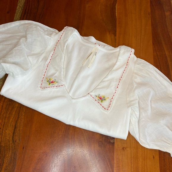 Anthropologie White Puff Sleeve Top Embroidered Woven Cotton Collar Size L - Picture 6 of 7